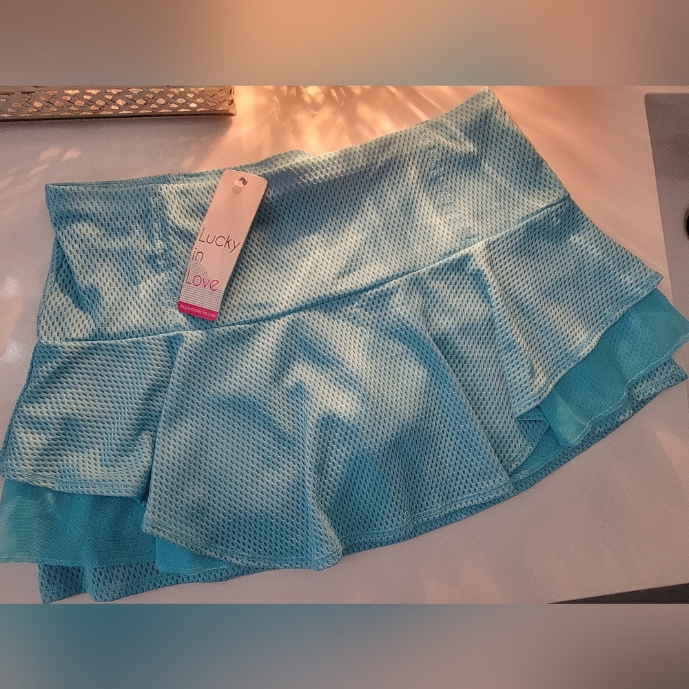 Lucky in Love Aqua Teal Blue Mesh Tiered Pickleball Tennis Skirt, NWT